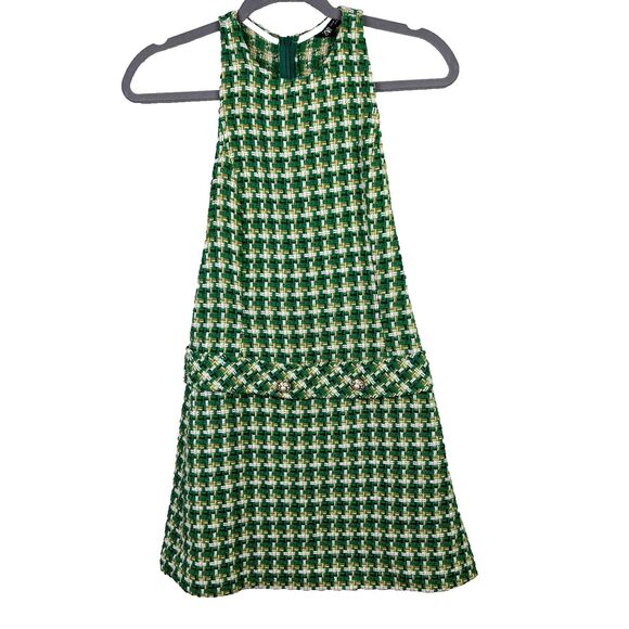 Zara Green Houndstooth Tweed Pinafore Mini Dress Sleeveless Textured Cotton XS - Picture 3 of 16